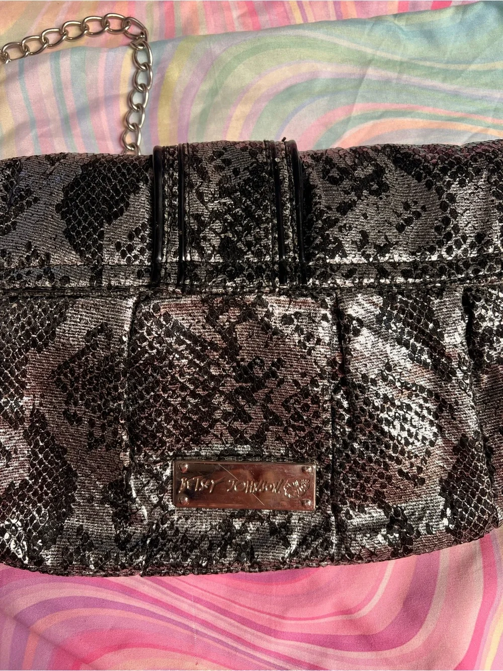 Betsey Johnson Black Metallic Snake-Print Shoulder Bag with Heart Accent